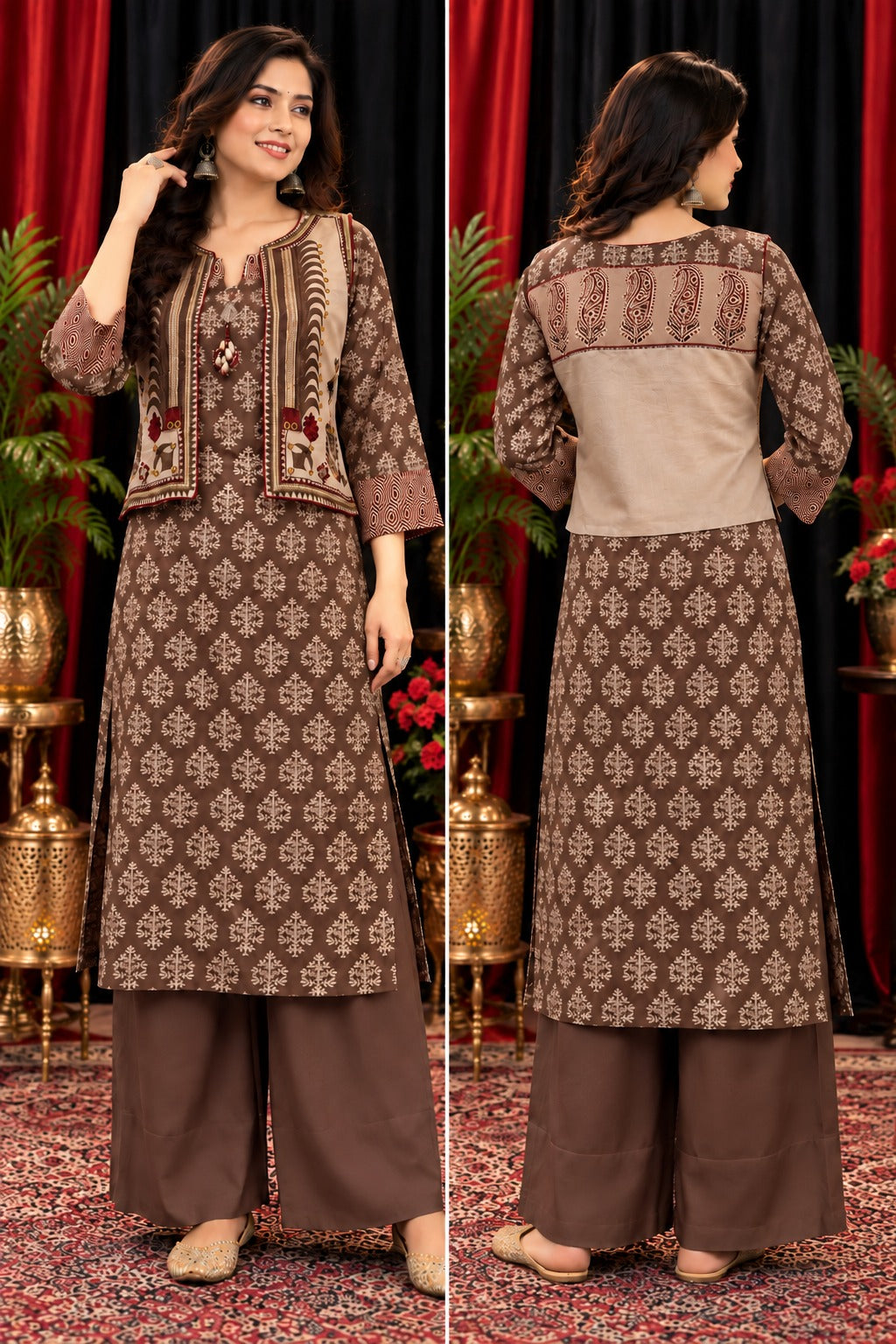 Pretty Surat mulchanderi embroidery reversible jacket kurta pant in brown (slight slim)