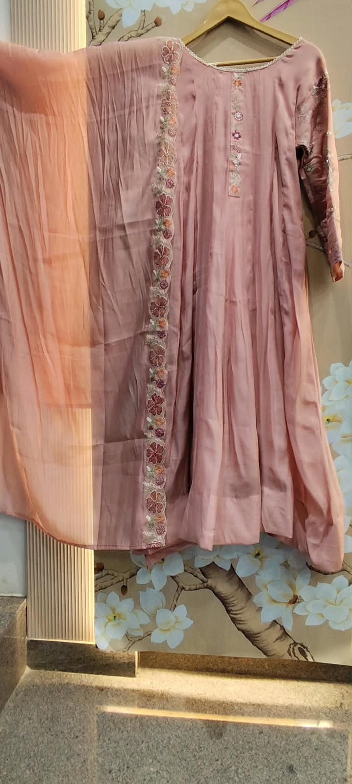 Pretty blue chanderi handwork Anarkali suit set in pink