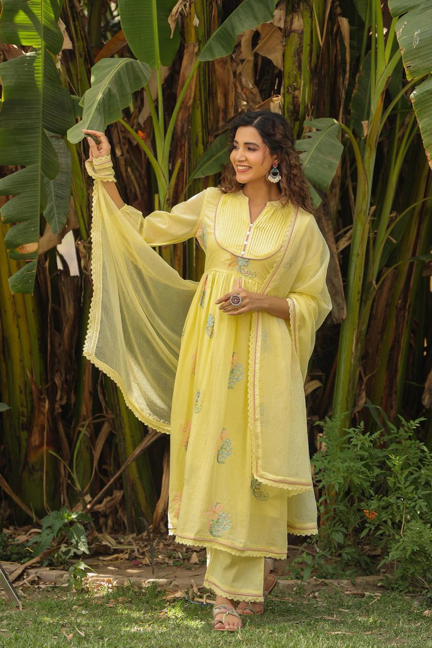 Premium embroidered cotton suit set paired with Kota Doria dupatta in yellow