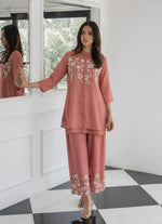 Mul chanderi applique work co ord in peach