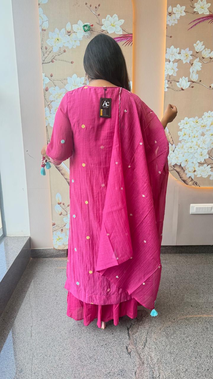 Pure Banarasi handcrafted mulchanderi layered gown with dupatta in Rani pink