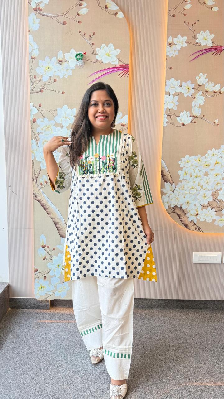 Pretty polka dot yoke embroidered farshi salwar co ord set in pure cotton . Both sided lining