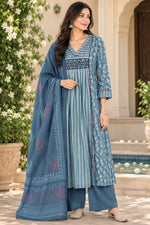 Pretty cotton real mirror block print dupatta set in blue