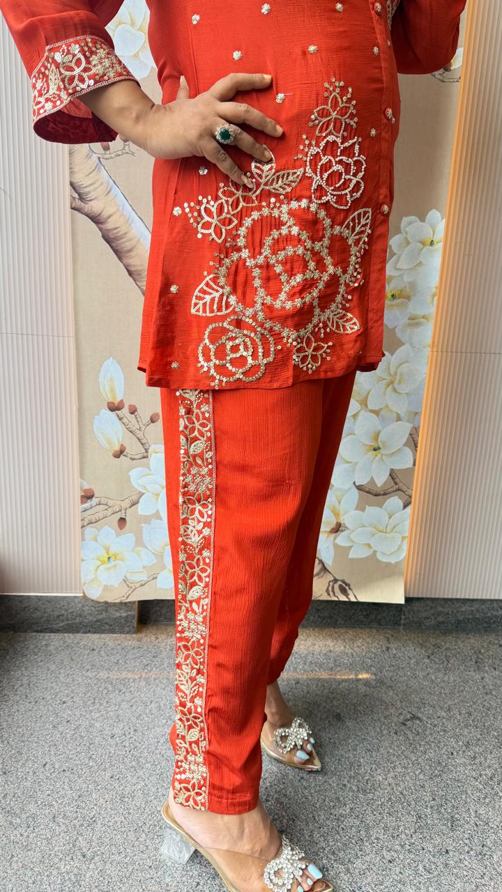 Premium chinon with lining pretty handwork co ord in rust