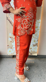 Premium chinon with lining pretty handwork co ord in rust