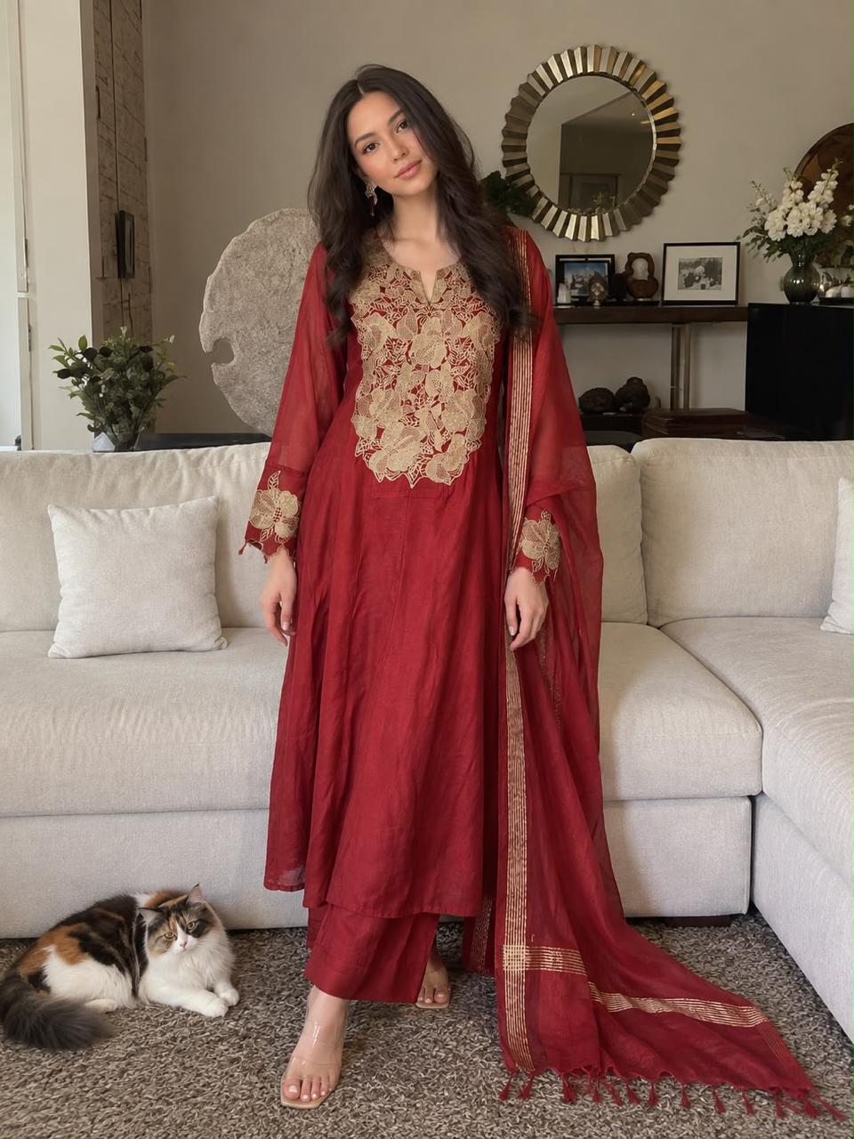 Red pure Mul chanderi with zari detailing full suit set