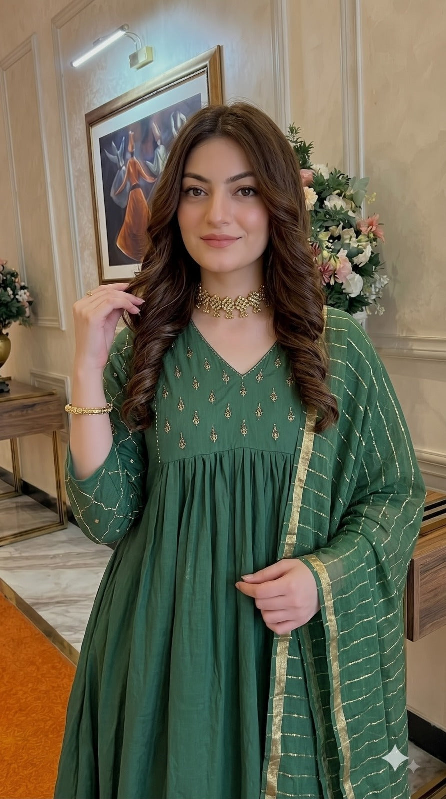 Pretty pretty pure Mul chanderi with antique gold detailing in green