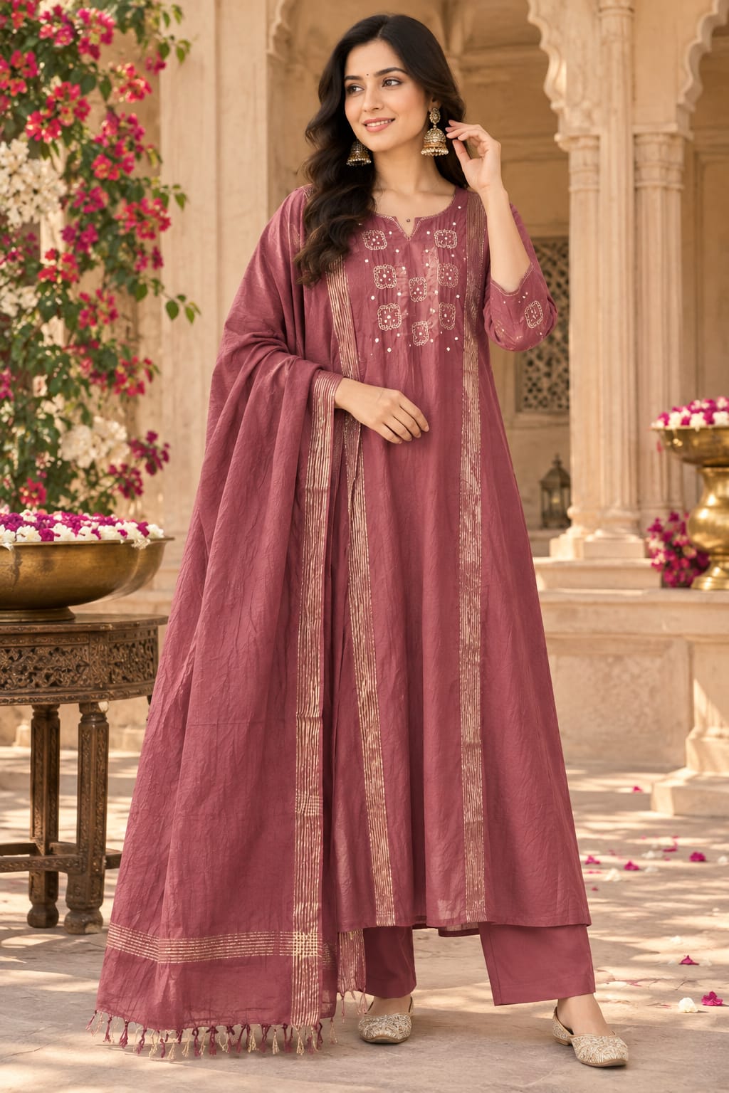 Premium Banarasi Mul chanderi zari detailing full suit set in brown