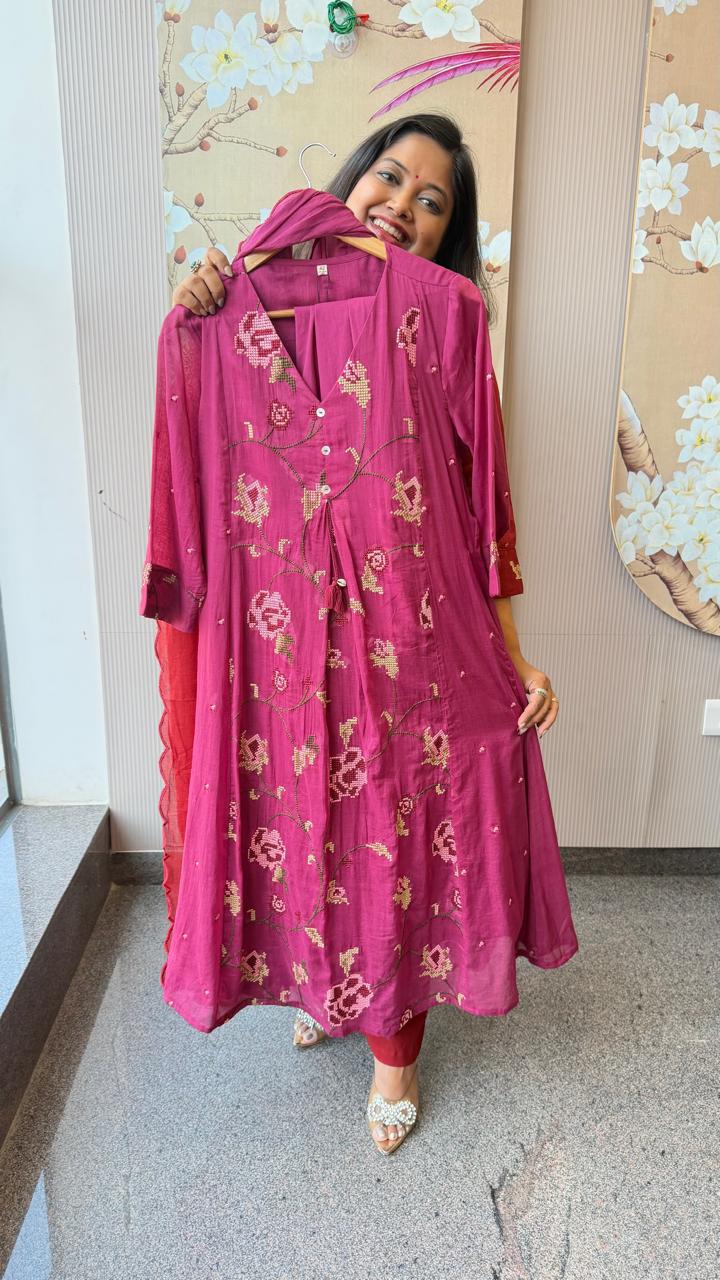 Fully embroidered pure Mul cotton suit set in wine