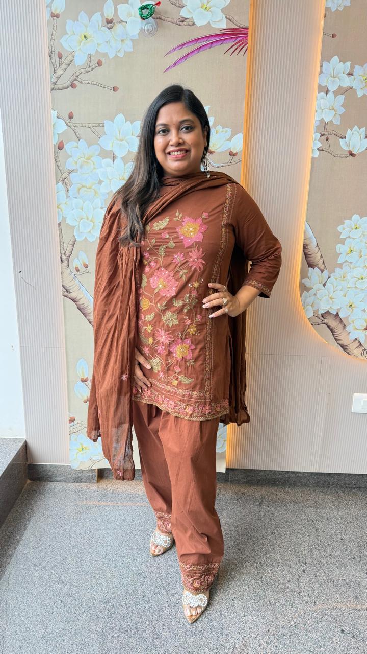 Pretty farshi salwar cotton embroidered suit set in brown