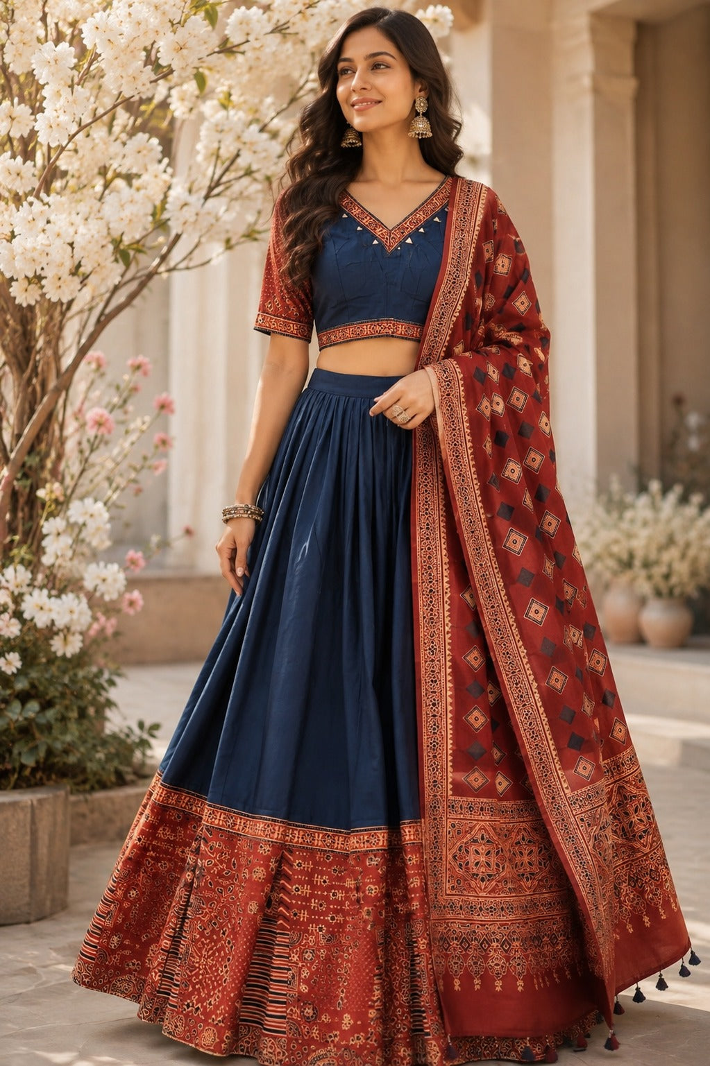 Super pretty ajrakh real mirror skirt / lehenga set in cotton in blue