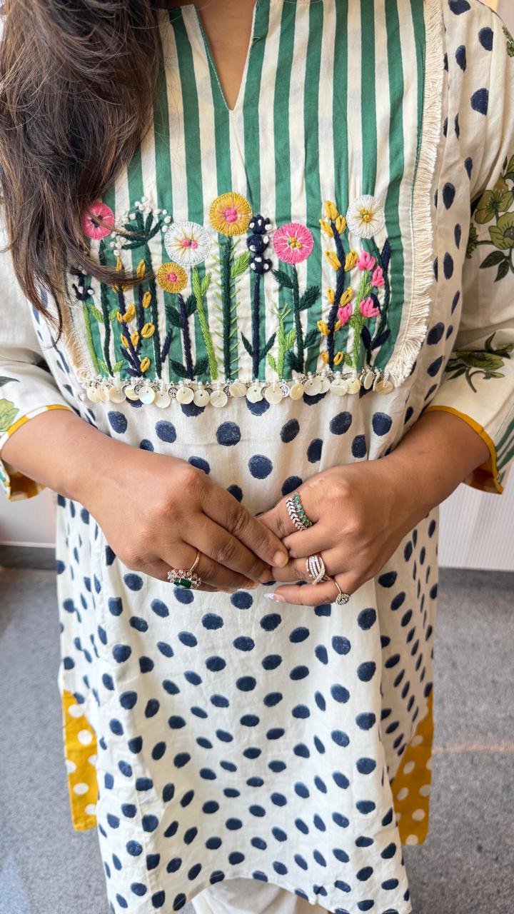Pretty polka dot yoke embroidered farshi salwar co ord set in pure cotton . Both sided lining
