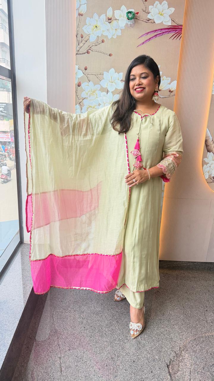 Pista green Mul chanderi lining Anarkali suit set