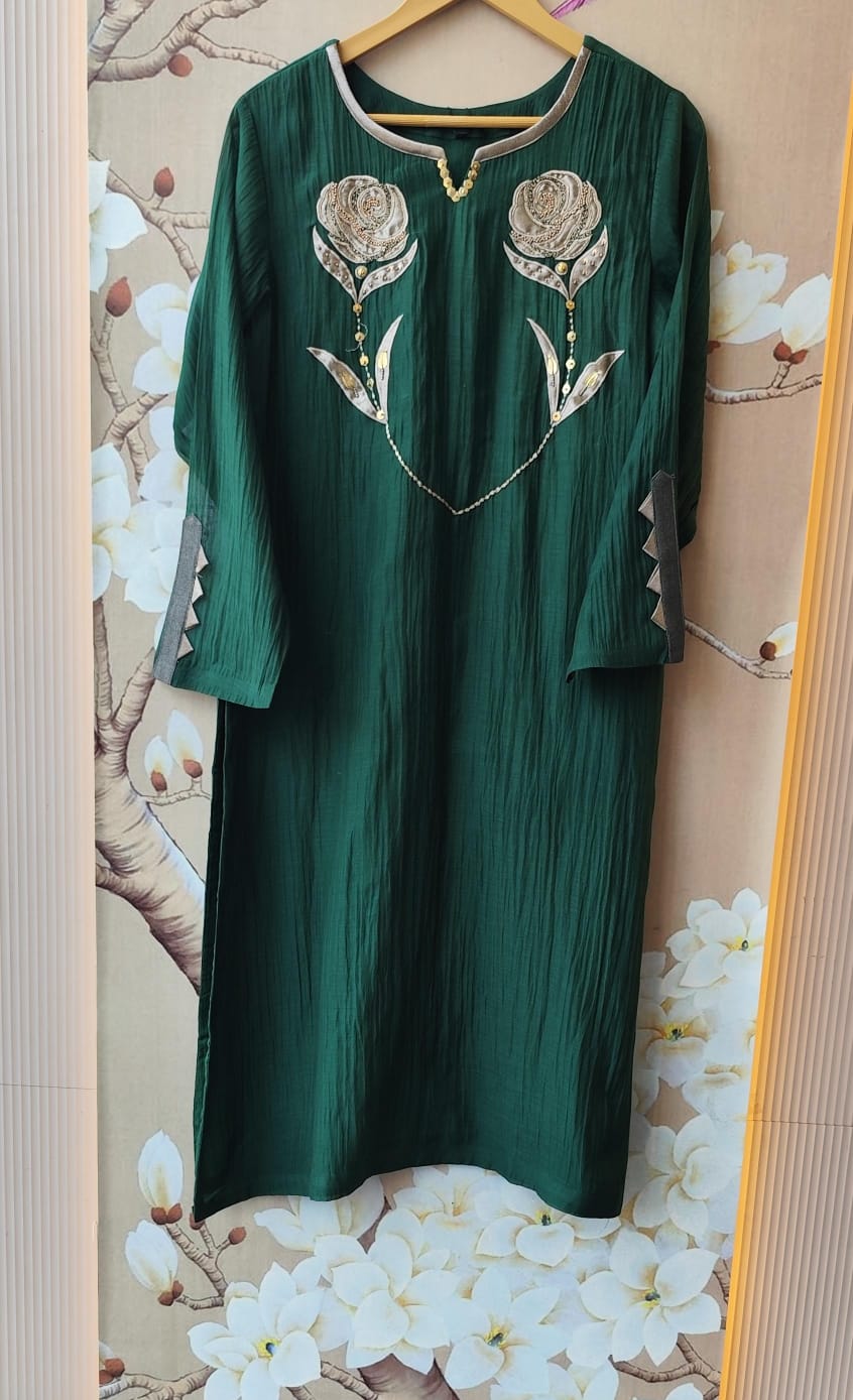Wow designer applique bottle green suit set in pure Mul chanderi