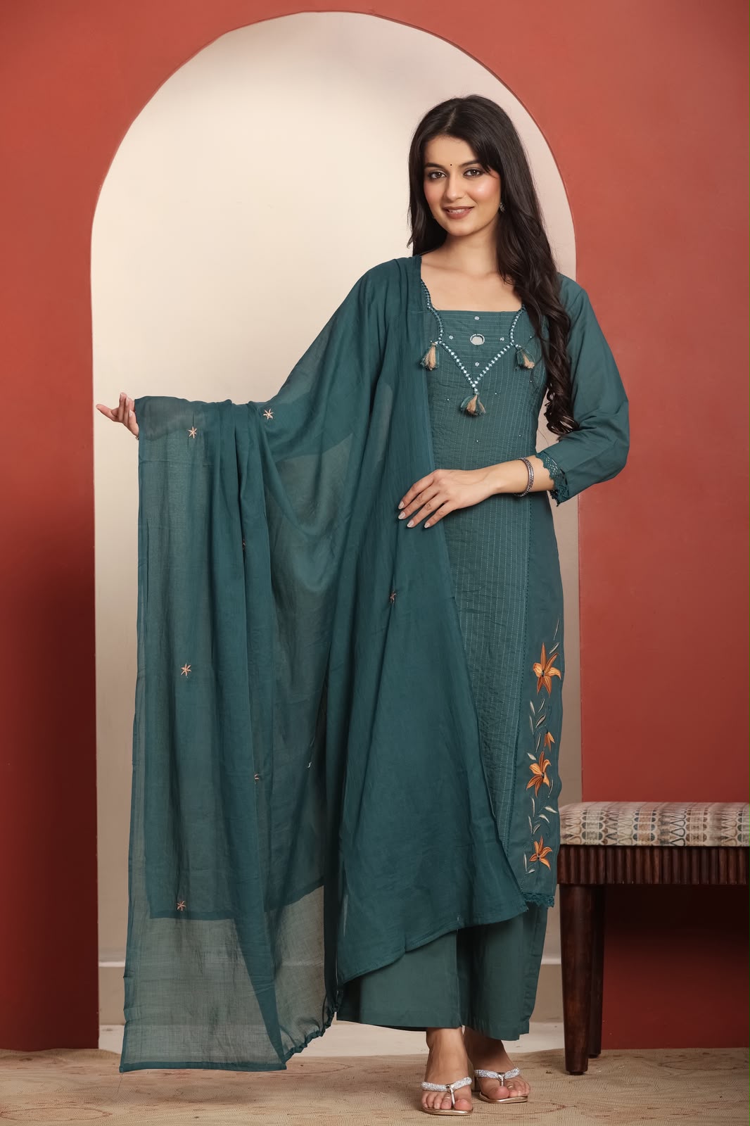 Pure cotton real mirror pintux work embroidery suit set in green