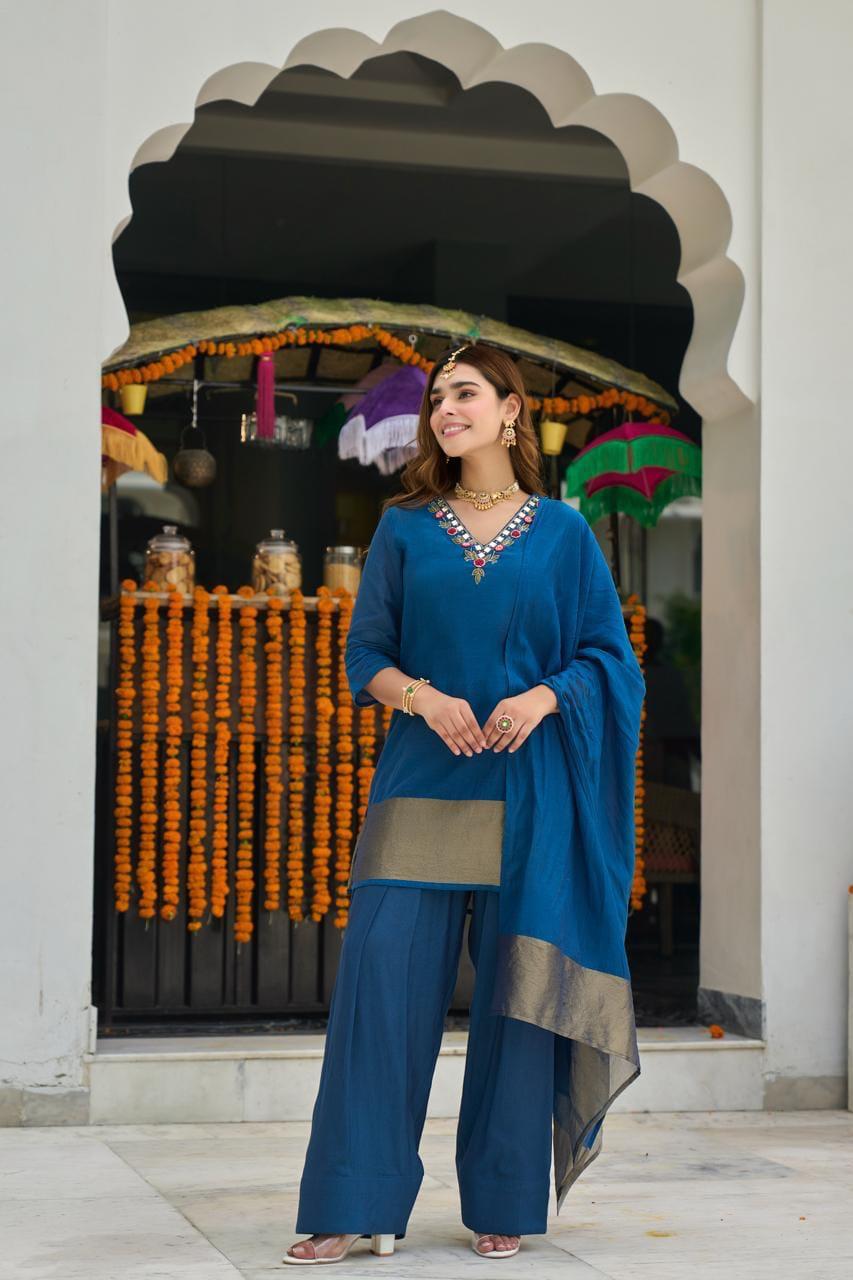 Wow Mul chanderi lakri patta farshi salwar in blue