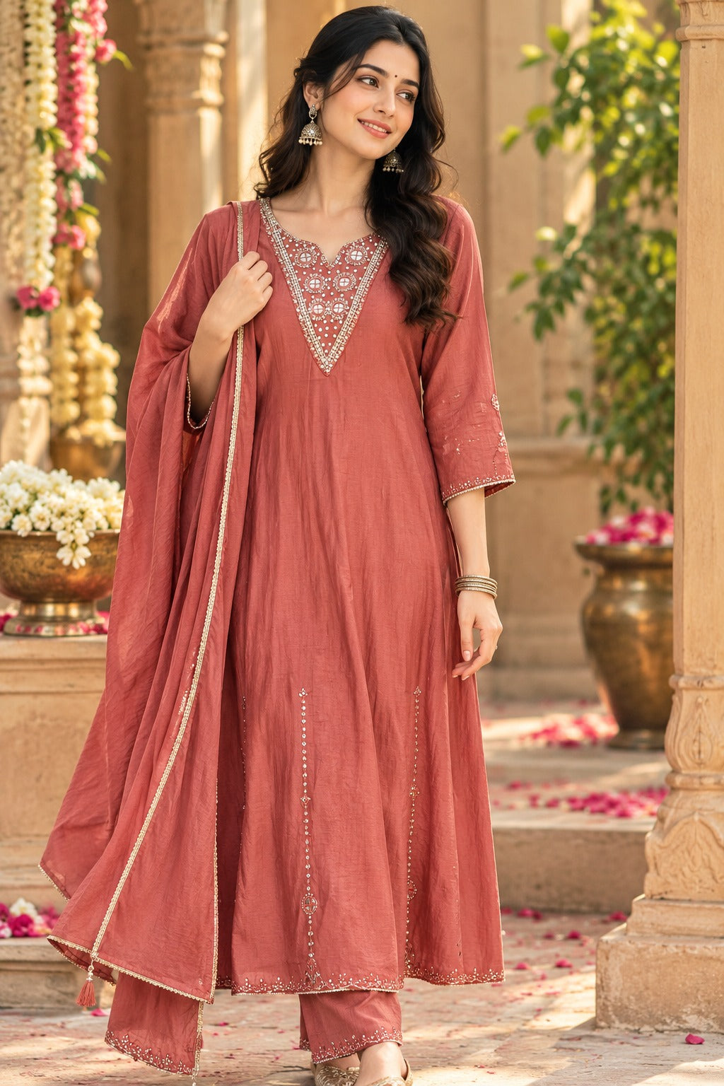 Pretty mulchanderi real mirror suit set in peach