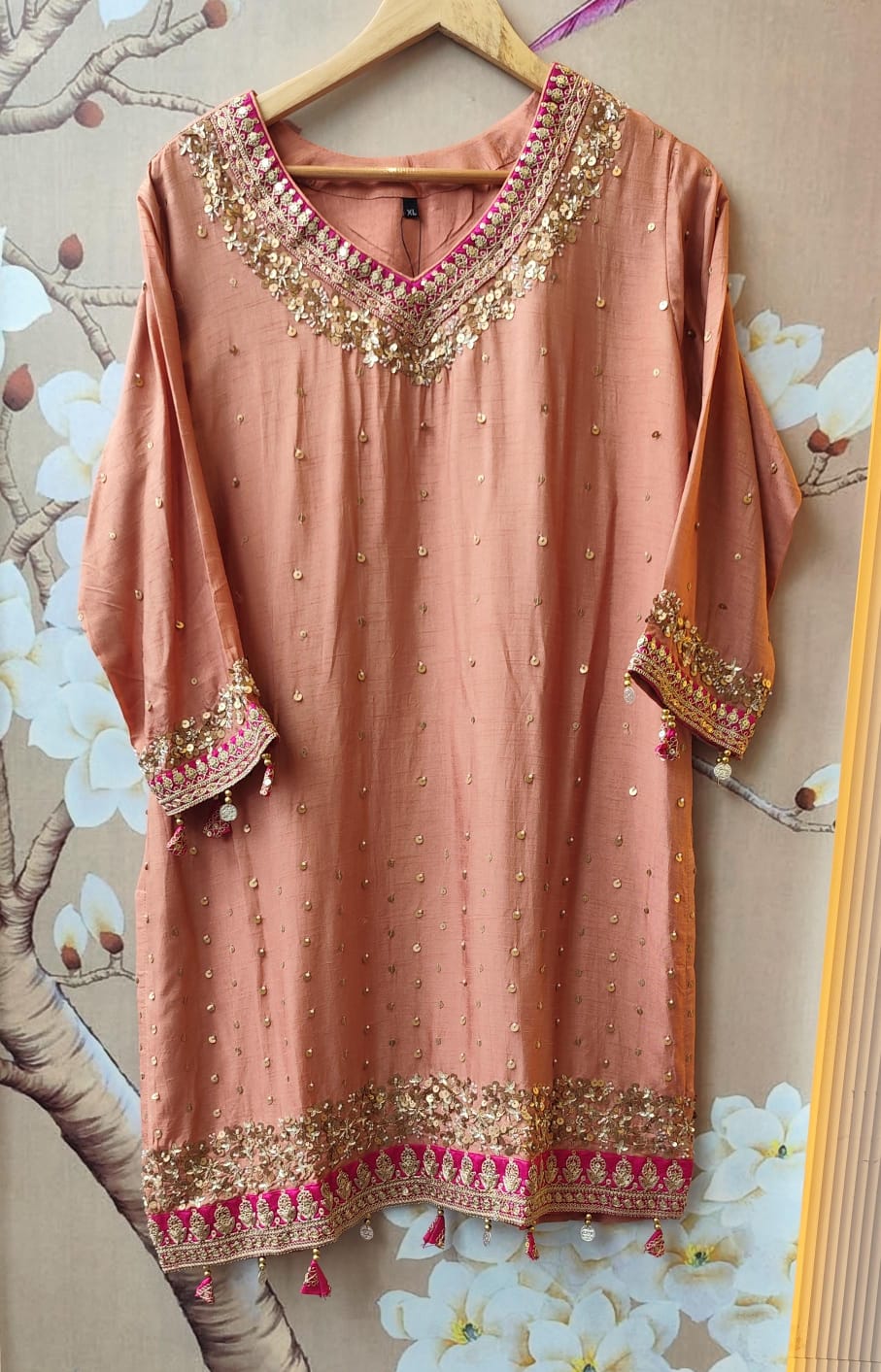 Russian silk full sequins peach suit with rani pink highlight