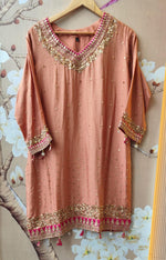 Russian silk full sequins peach suit with rani pink highlight