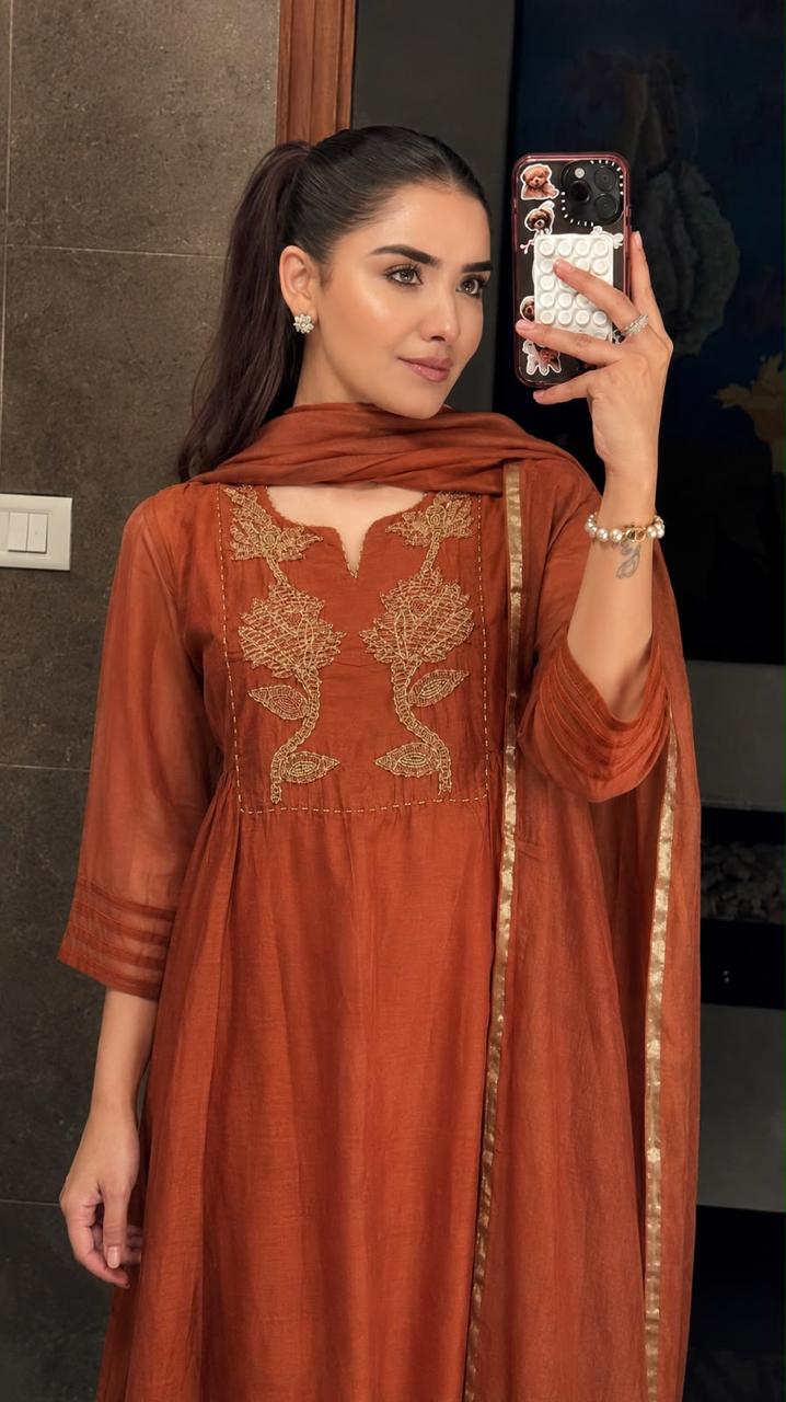 Super soft and comfortable true to size Mul Chanderi detailing suit set in rust