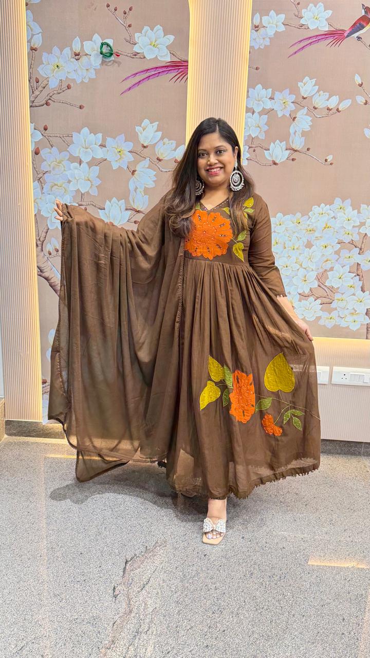 Mul cotton applique work lining full suit set in brown