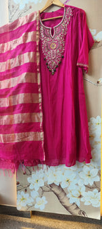 Premium Mul chanderi hand embroidery in Rani pink
