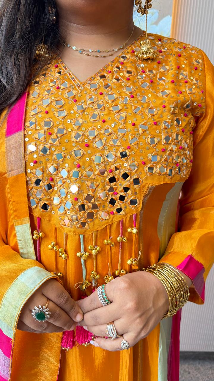 Pretty viscose organza Anarkali suit set with real mirror