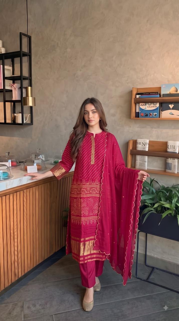 Pure gaji silk lakri patta on sleeves and dress in red bandhani