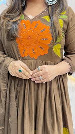 Mul cotton applique work lining full suit set in brown
