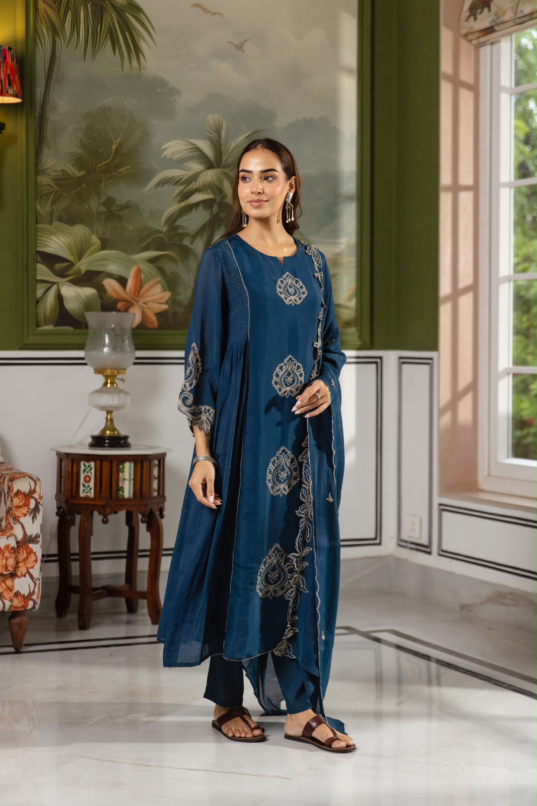 Brown Mul chanderi applique embroidered suit set in blue