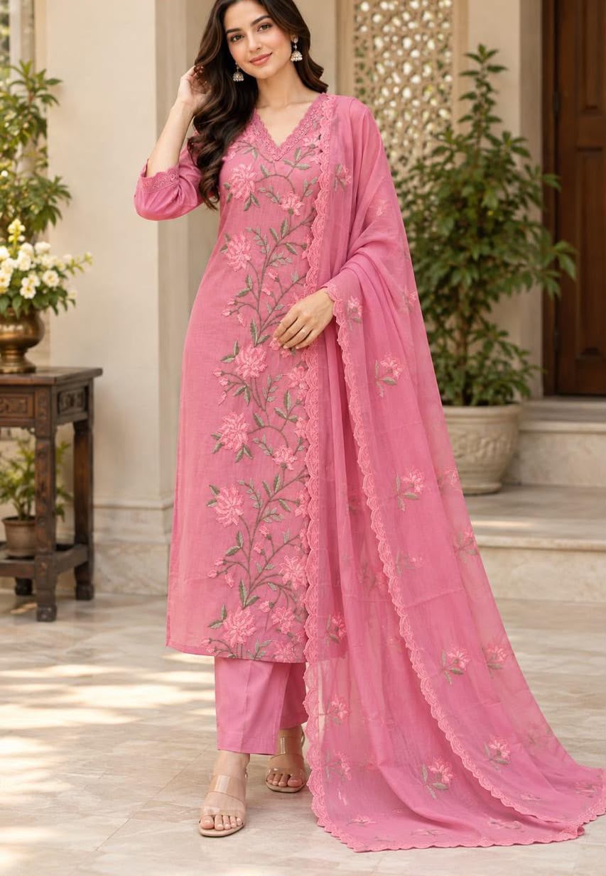 Pretty Mul chanderi fully embroidered pink
