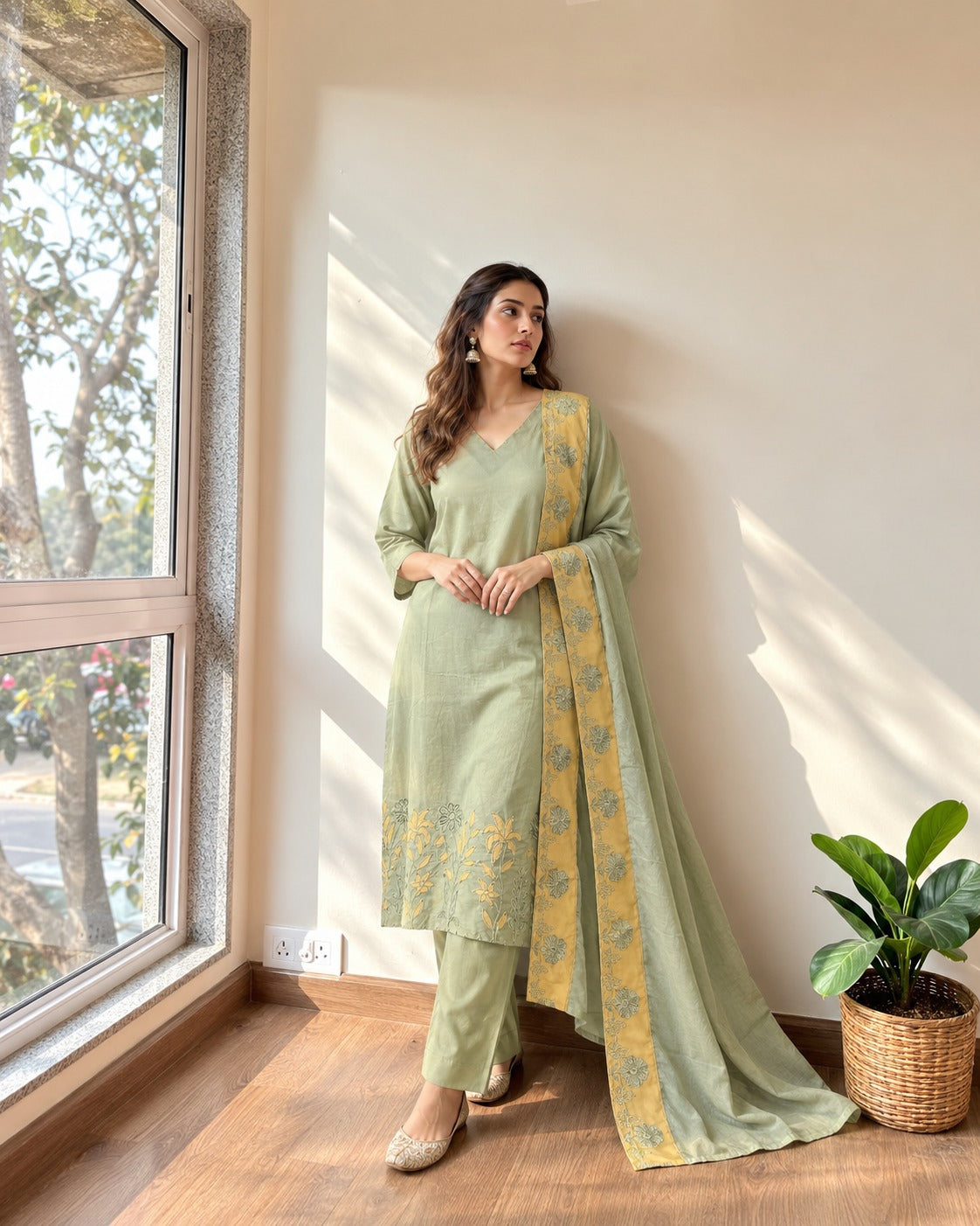 Pure cotton applique suit set in green n yellow
