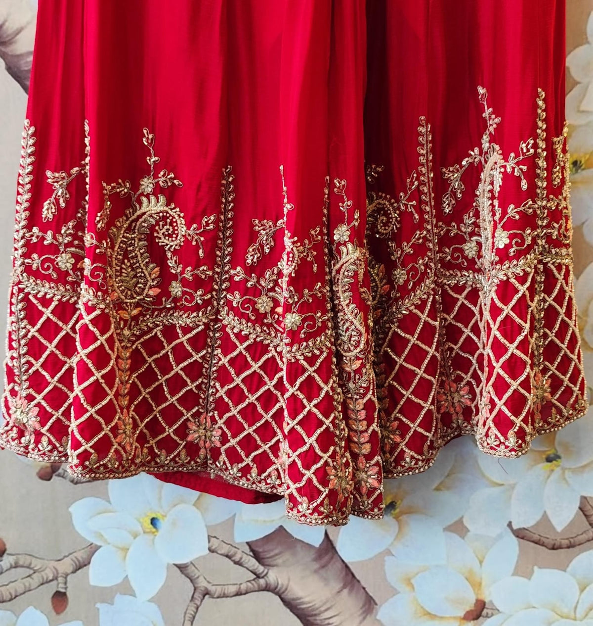 Premium chinon heavy handwork full intricate detailing in red