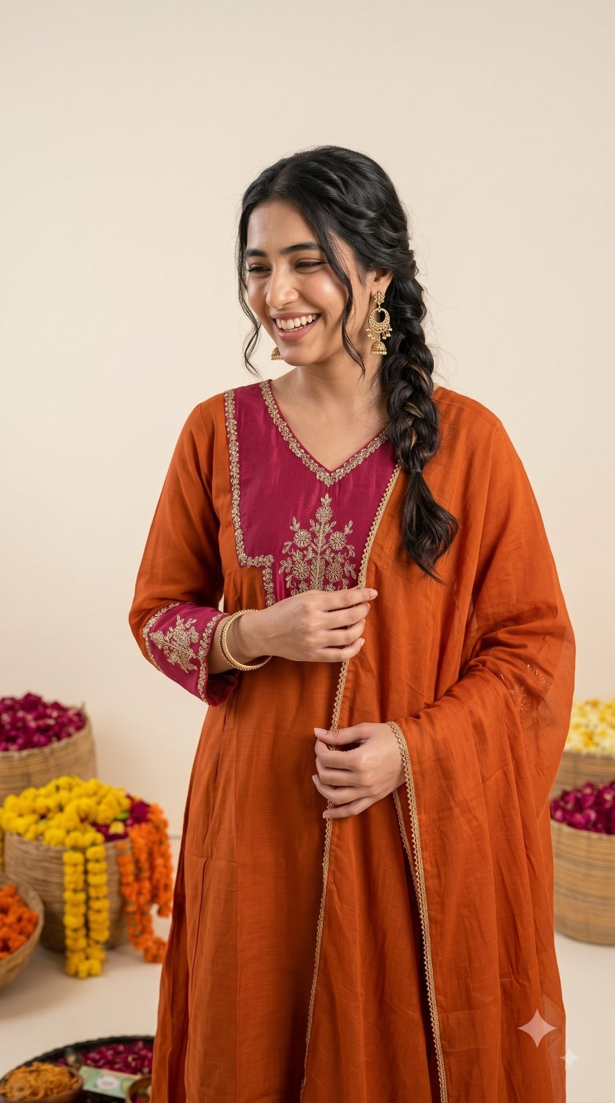 Pretty Mul chanderi suit set in orange n pink