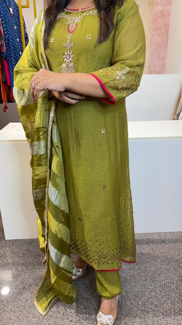 Bestselling pure Mul chanderi suit set with handwork in green