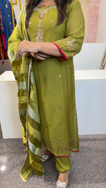 Bestselling pure Mul chanderi suit set with handwork in green