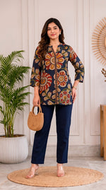 Pretty Mul silk Kalamkari top inBlue