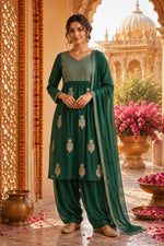 Super pretty zari embroidered Mul Chanderi in emerald green