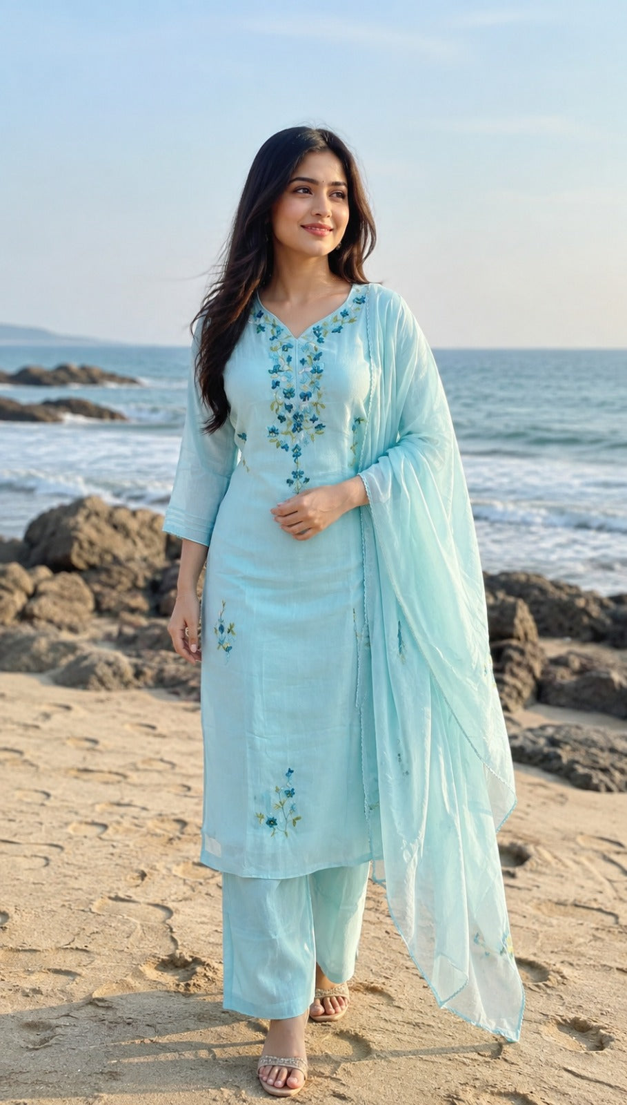 Embroidered Mul chanderi full suit set with lining in blue