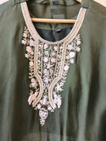Pretty chinon hand word kaftan paired with brocade plazzo pants in green