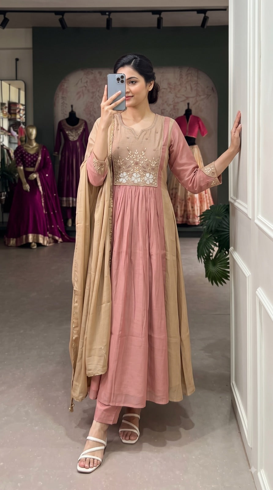 Pretty Mul chanderi with handwork and onion pink