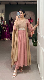 Pretty Mul chanderi with handwork and onion pink