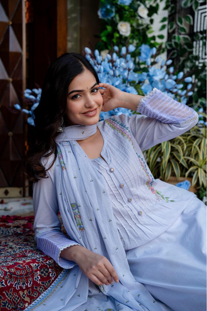 Pure cotton embroidered suit set in pretty pretty blue