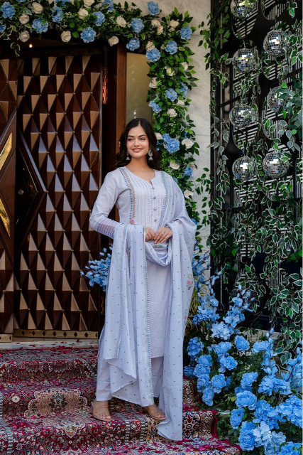 Pure cotton embroidered suit set in pretty pretty blue