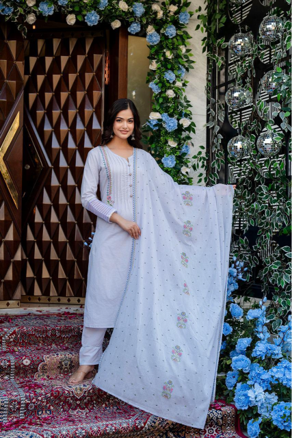 Pure cotton embroidered suit set in pretty pretty blue