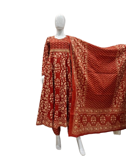 Beautiful Anarkali cotton suit set in rust