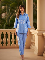 Embroidered super premium cotton co ord in blue