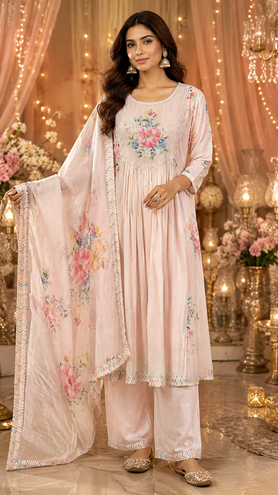 Premium mul chanderi digital print with pearl and lace detailing baby pink full suit set.