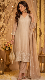 Pure Mul chanderi in ombré with pearl with zari detailing