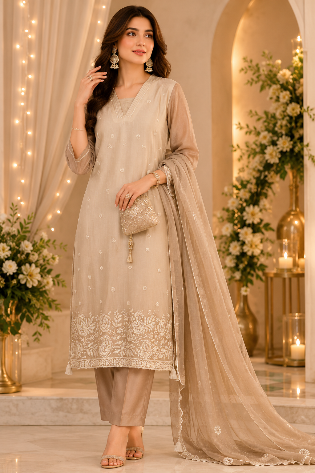 Pure Mul chanderi in ombré with pearl with zari detailing
